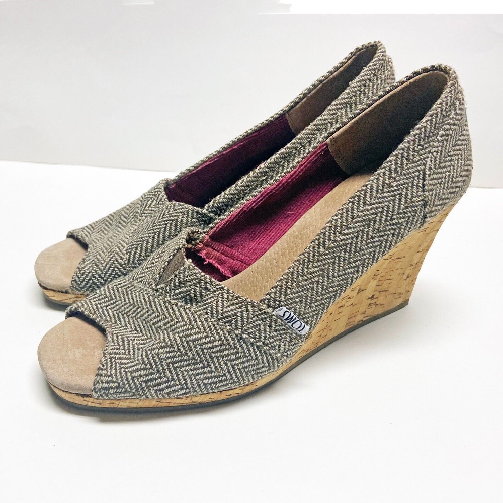 Toms Stella Calypso Brown Metallic Herringbone Tweed Open Toe Cork Wedge W 8.5